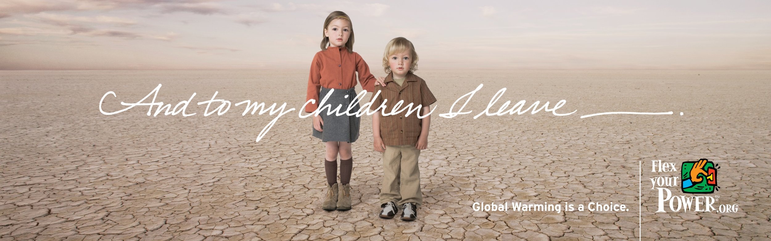 Flex Your Power billboard showing two children on cracked desert ground with an inheritance-themed headline