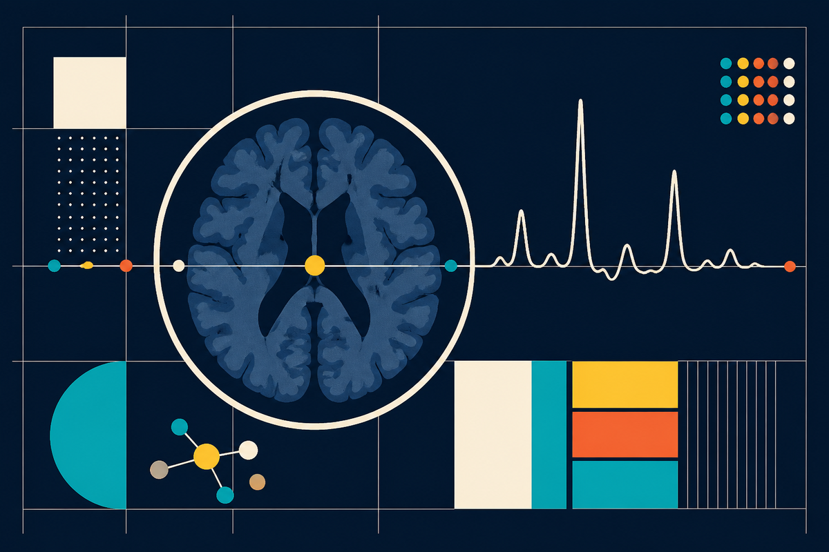 Abstract Swiss-style illustration of a brain scan intersected by a spectroscopy waveform