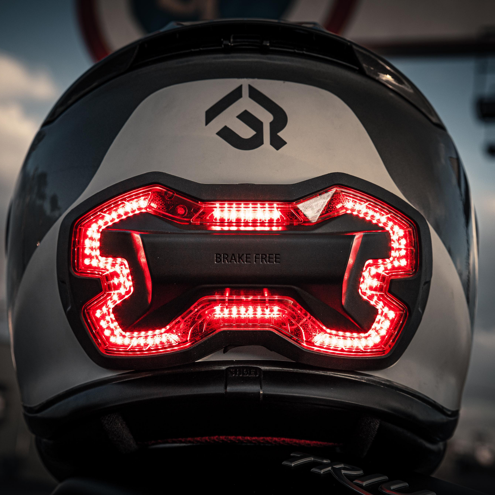 Brake Free light mounted on a rider's helmet