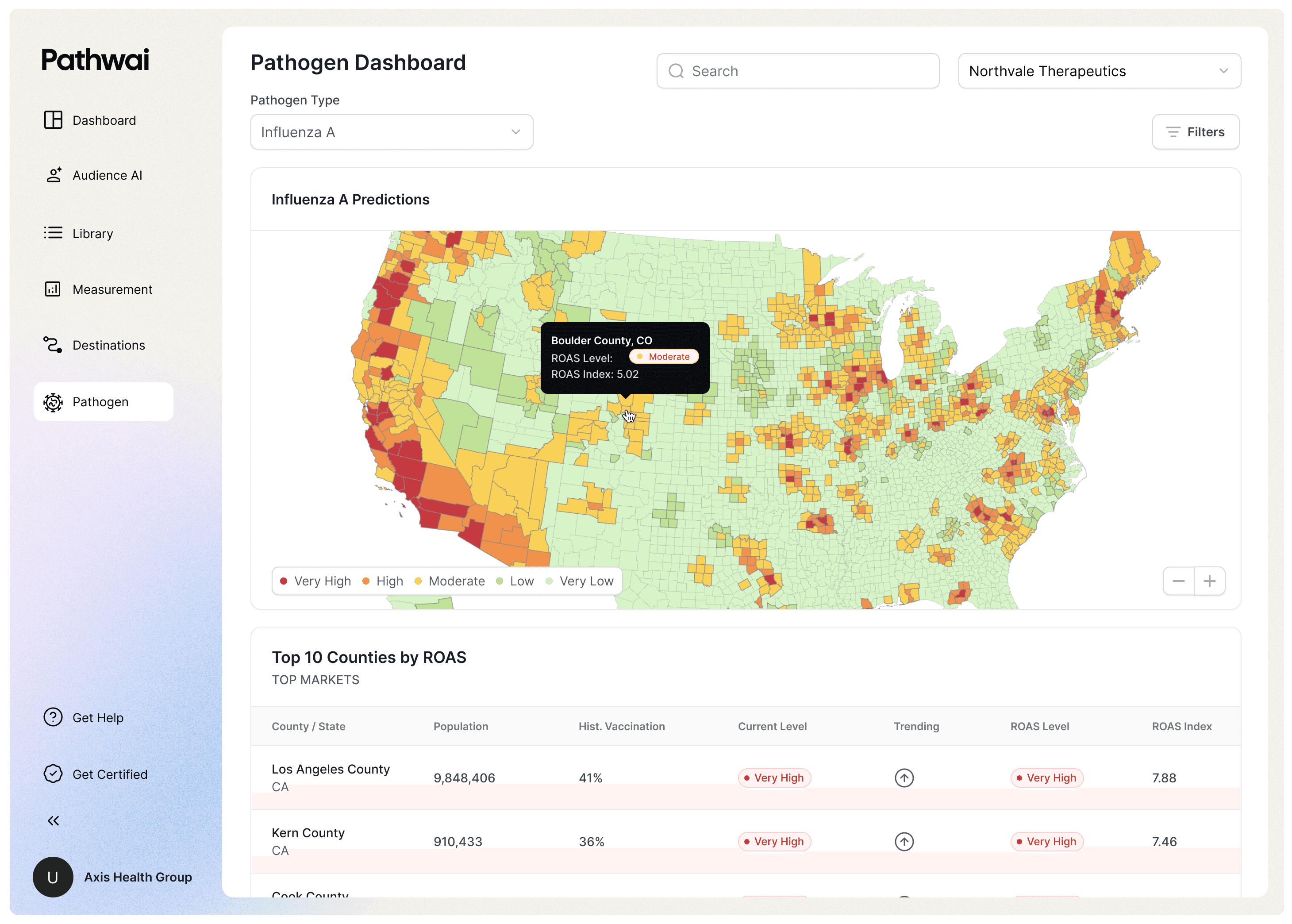 Pathwai product illustration showing a pathogen dashboard and county-level map