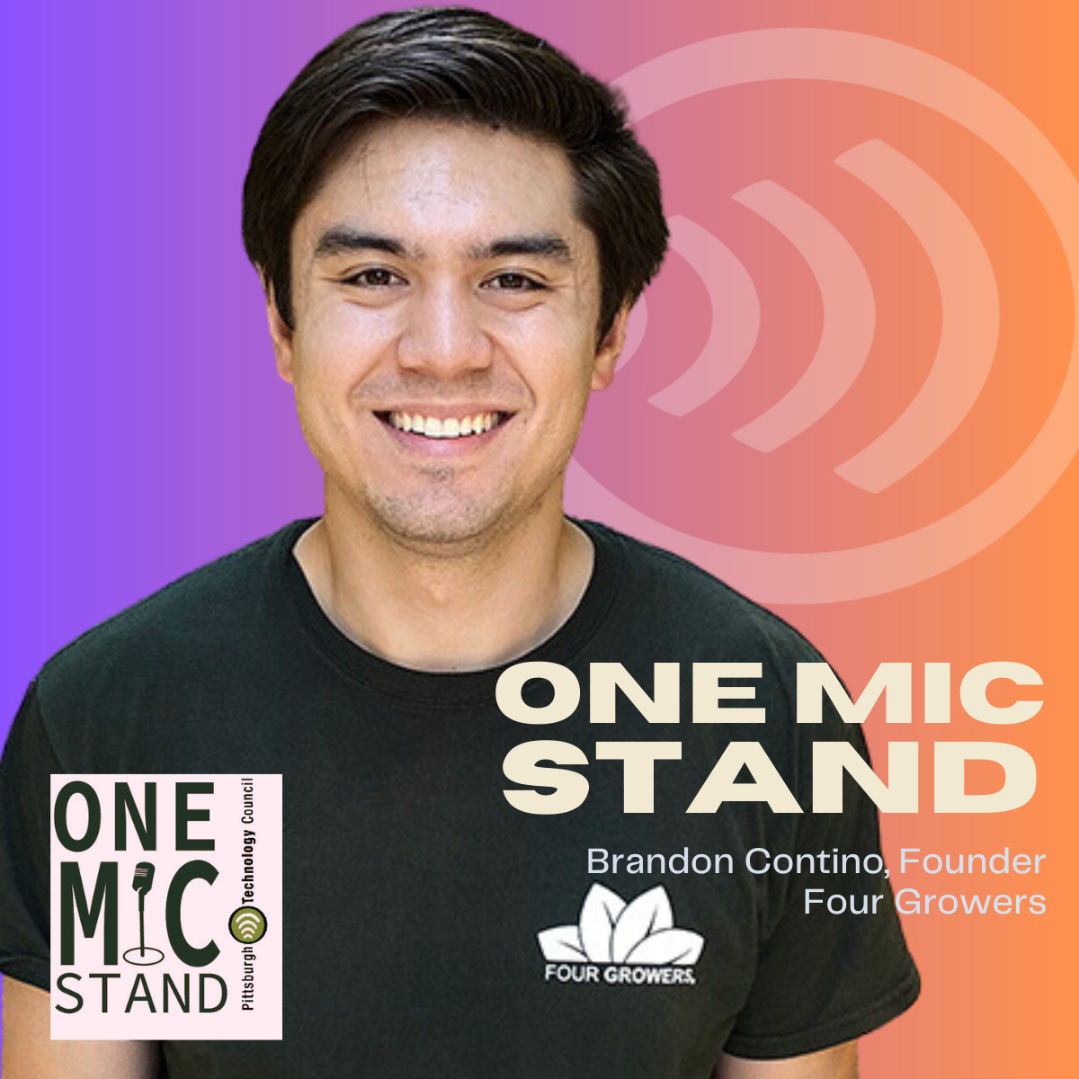 Brandon Contino in a Four Growers shirt on the One Mic Stand podcast artwork