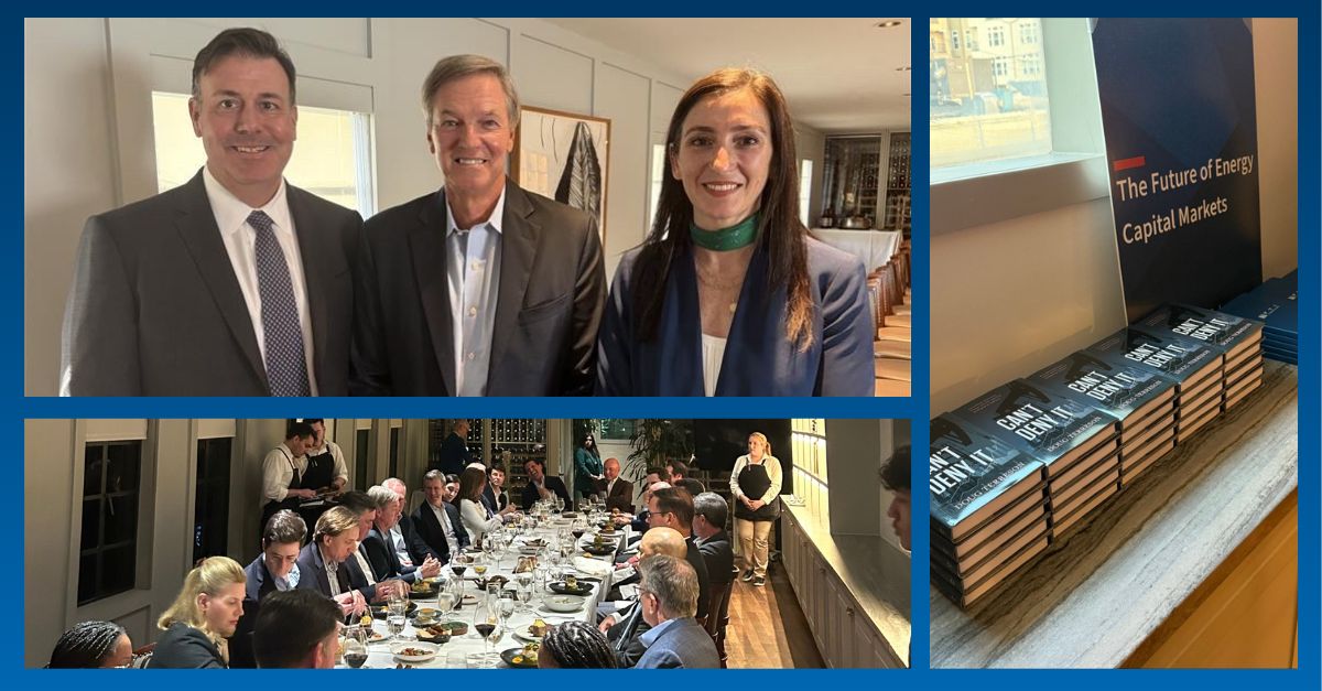 FTI event collage with guests, a dinner discussion, and copies of Doug Terreson’s book