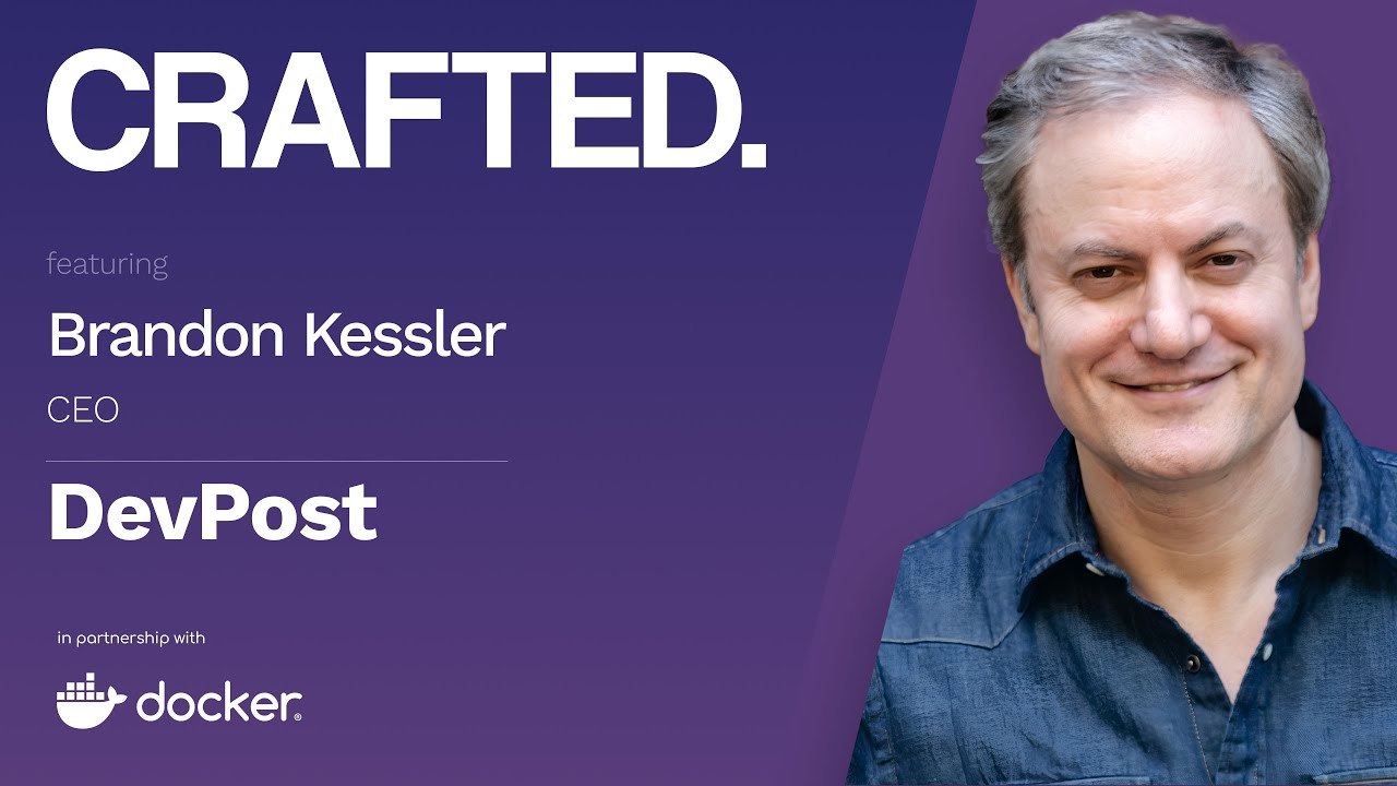 Promotional artwork for Brandon Kessler’s 2024 CRAFTED interview, presented with Docker