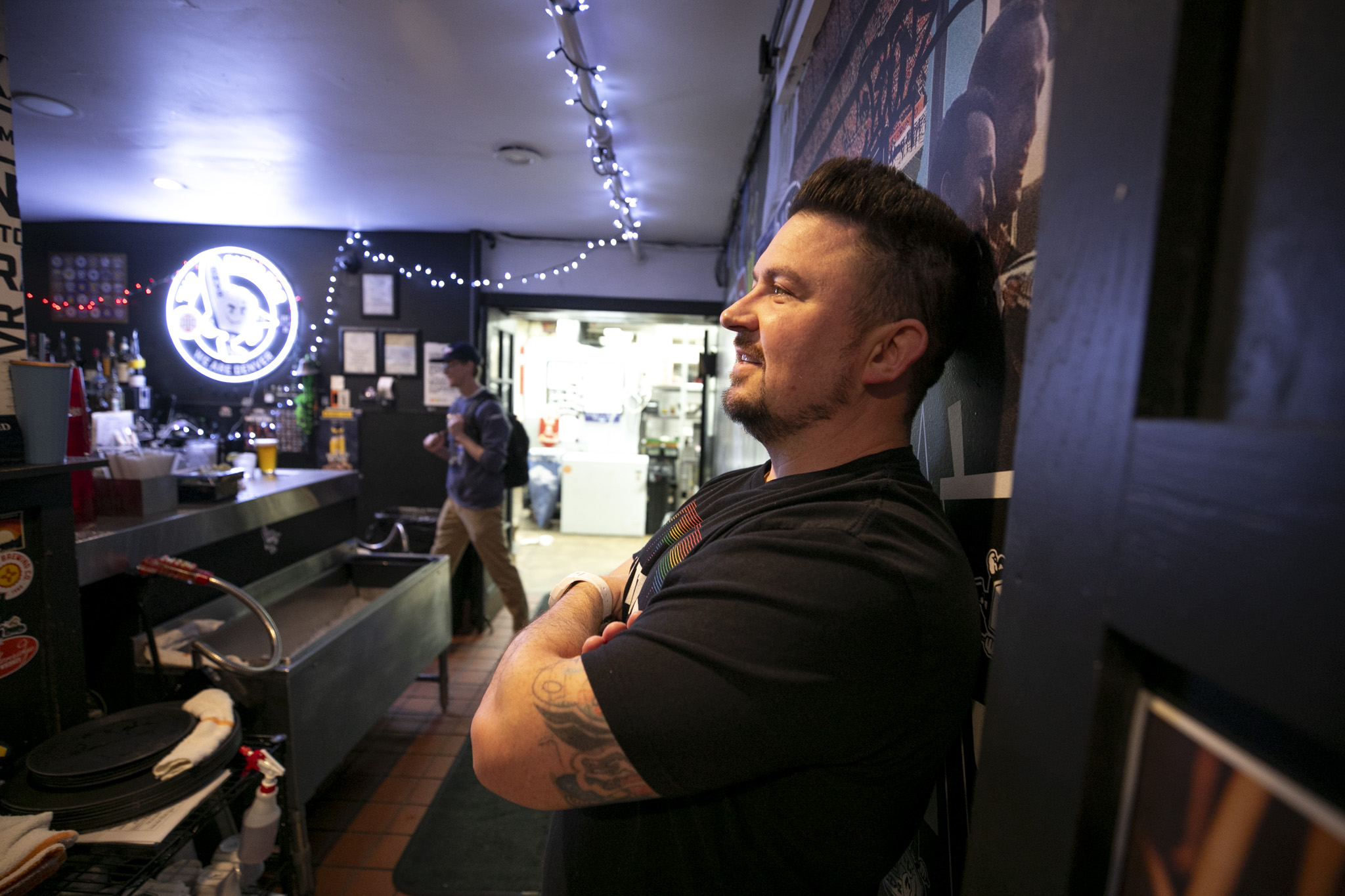 Brandon Spano watching a Denver Nuggets playoff game from inside DNVR Bar