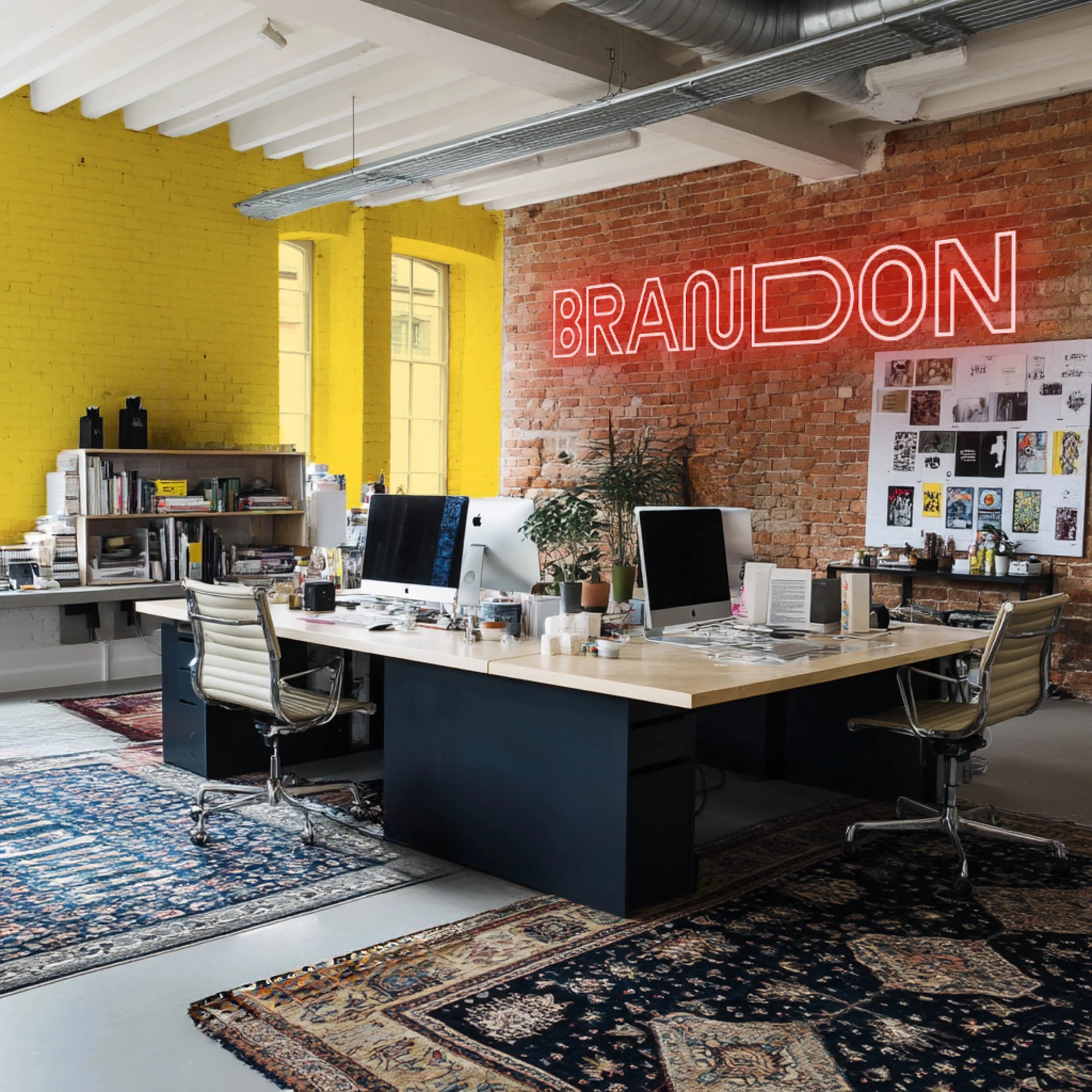 Brandon office with a red neon wordmark on exposed brick