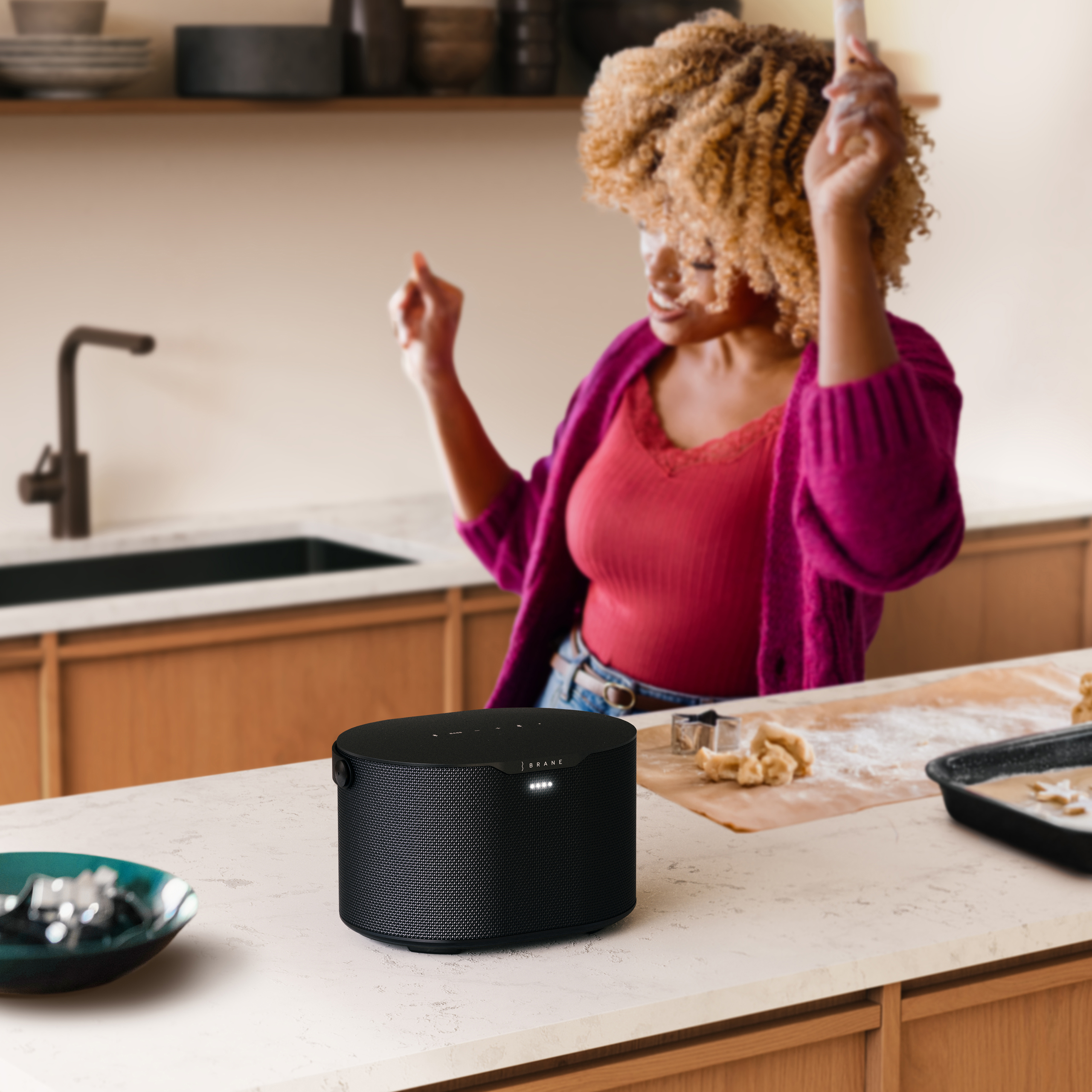 Brane X speaker on a kitchen counter