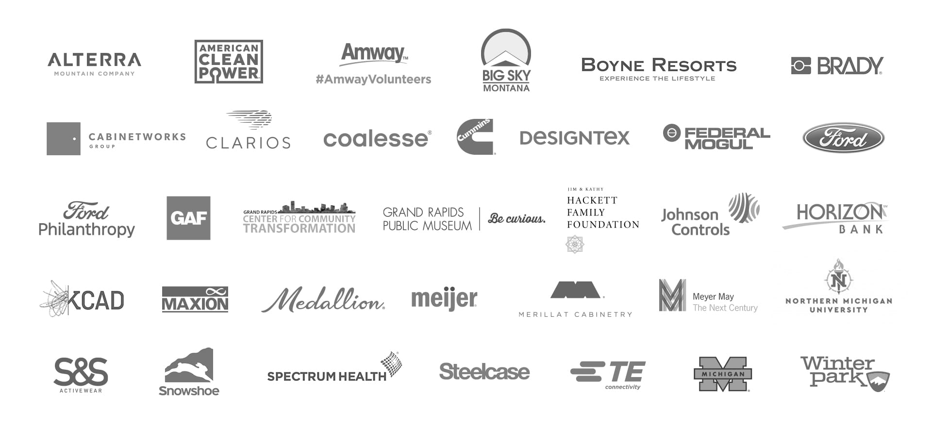 A grid of organizations that have worked with BravoEcho, including Ford, Cummins, Steelcase, Amway, Alterra, and the University of Michigan