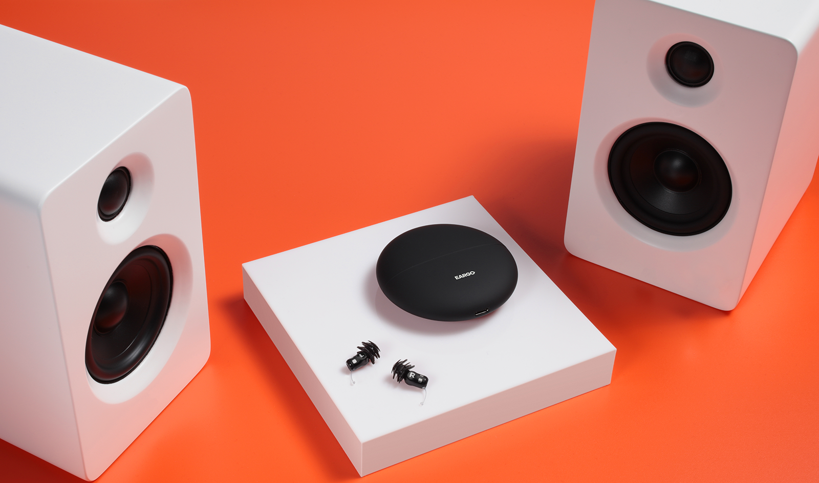 Eargo hearing aids and their charging case