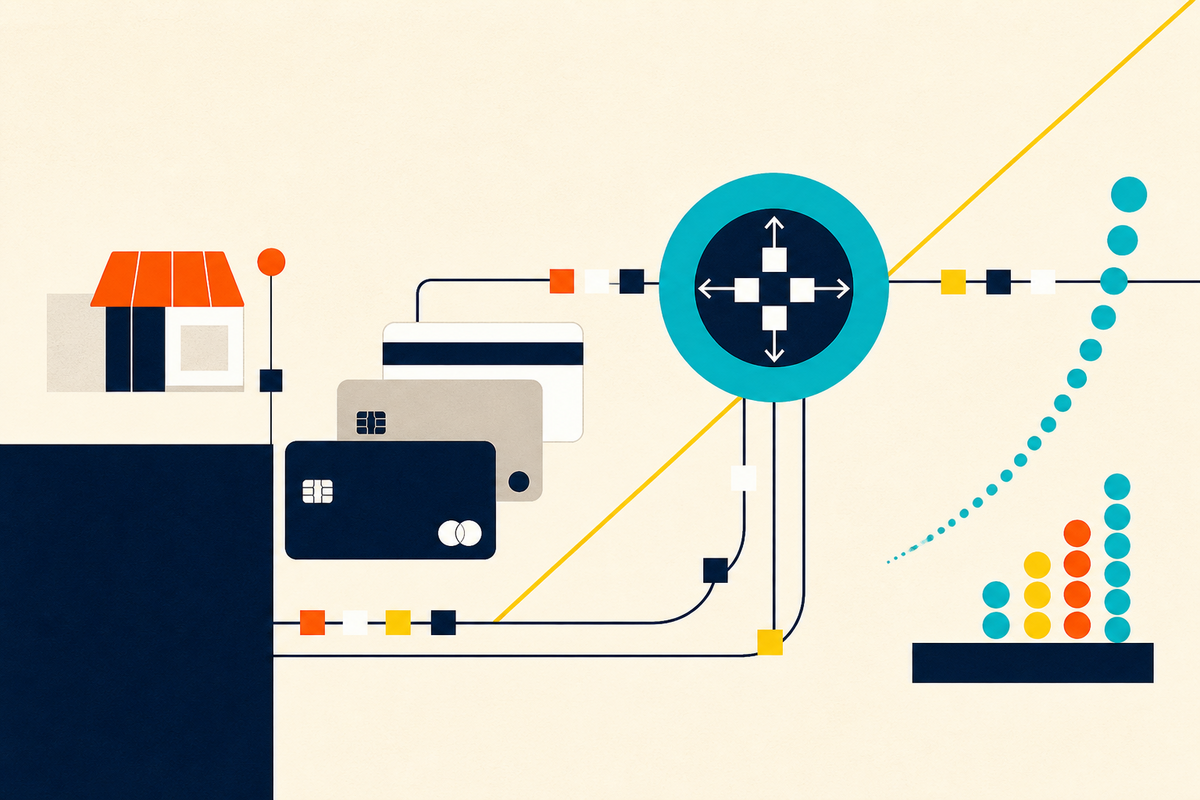Abstract Swiss-style composition showing cards, a retail storefront, transaction rails and a rising field of savings dots