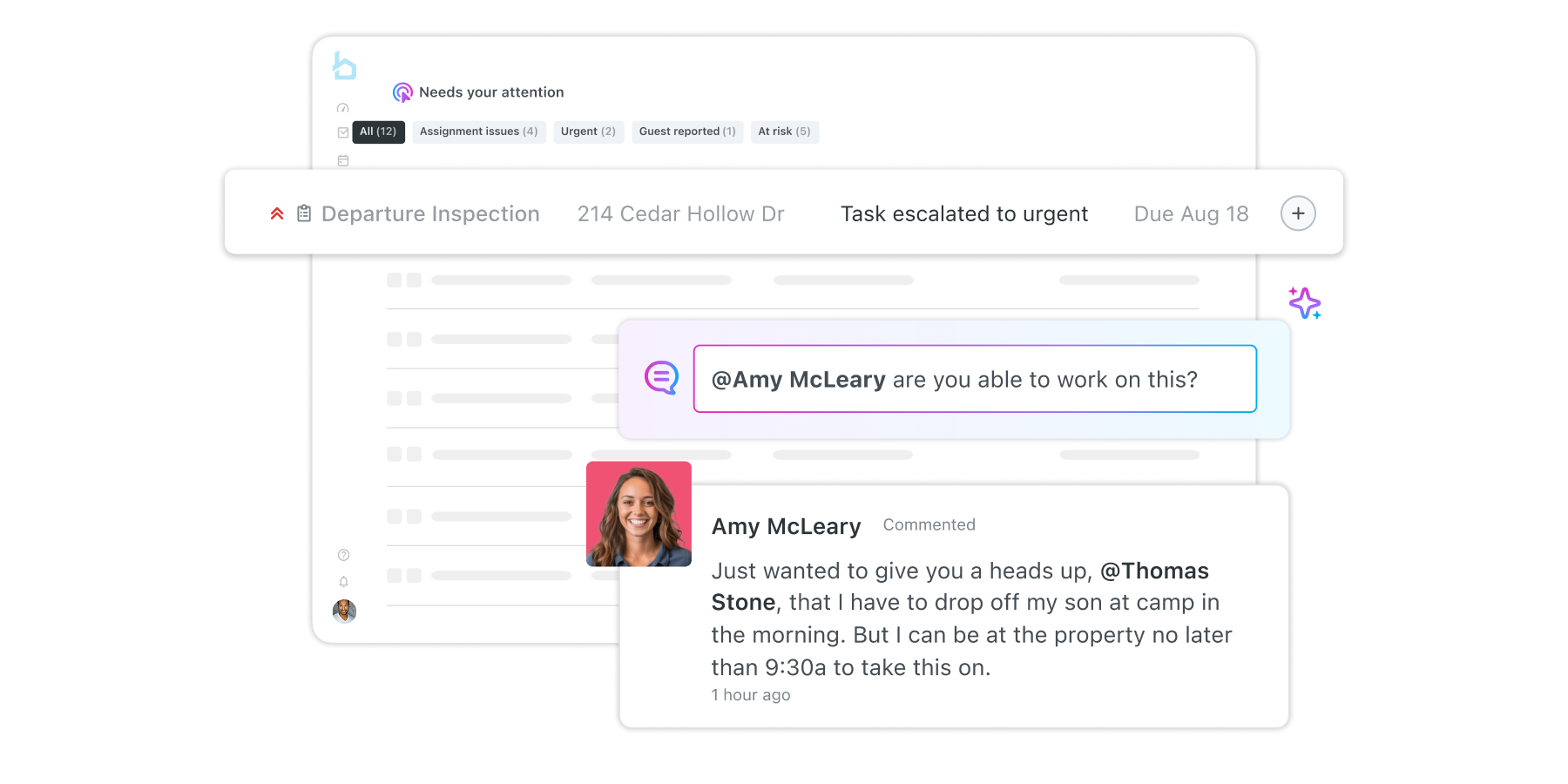 Breezeway product interface showing an urgent departure inspection and a team conversation about coverage