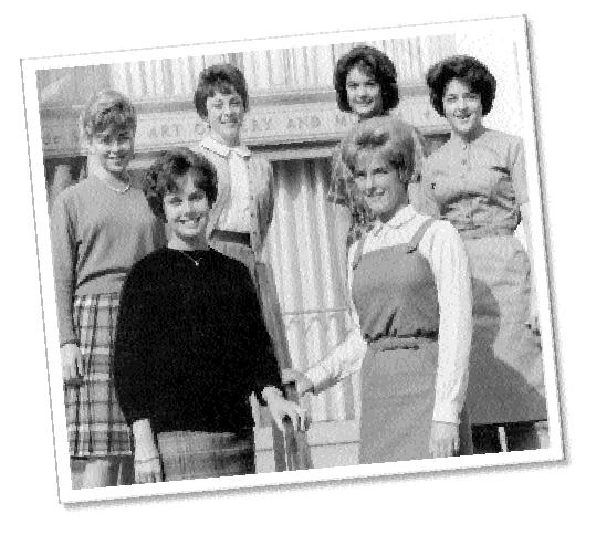 Six Santa Clara students in the early 1960s, with Brenna Bolger at the left of the back row