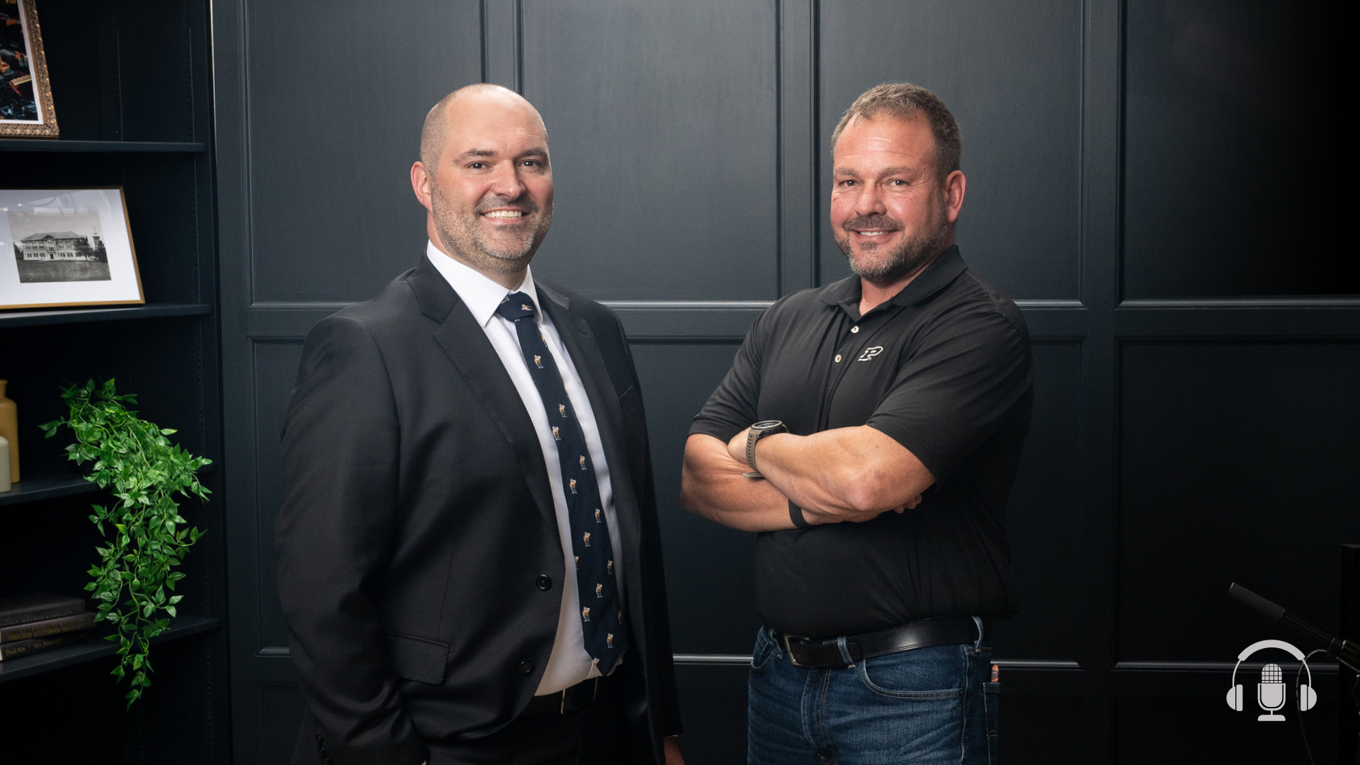 Matt Butler and Brent Yeagy standing together for a Purdue podcast photograph