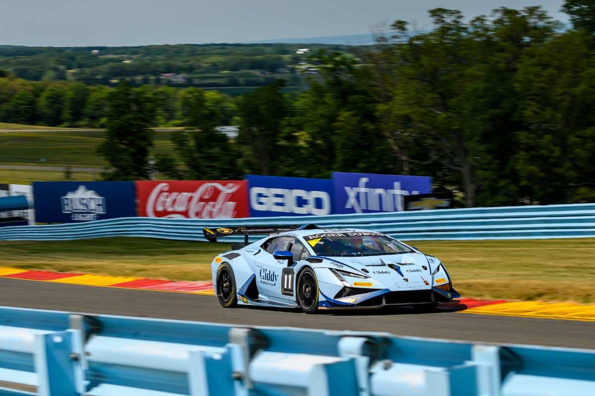 The pale blue number 11 Giddy Lamborghini on track at Watkins Glen