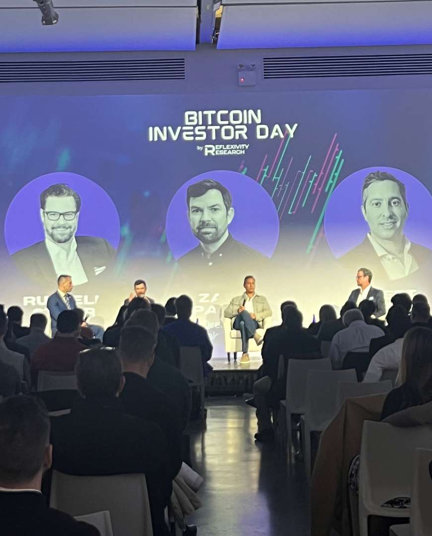 Panel discussion at Bitcoin Investor Day in New York, with Brett Tejpaul among the participants