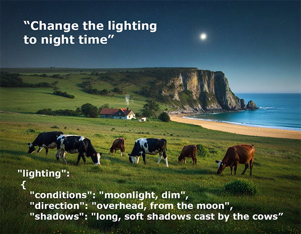Bria FIBO generated coastal pasture with structured JSON fields describing moonlight and shadows