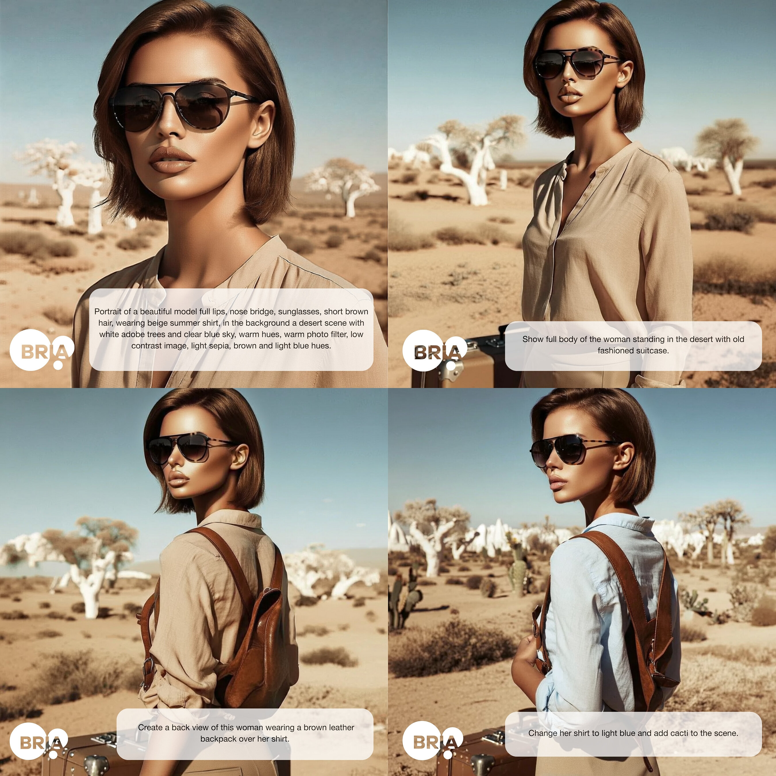 Four AI-generated images in Bria’s FIBO demonstration: a woman in a desert, wider framing, an added backpack, and a shirt color change.