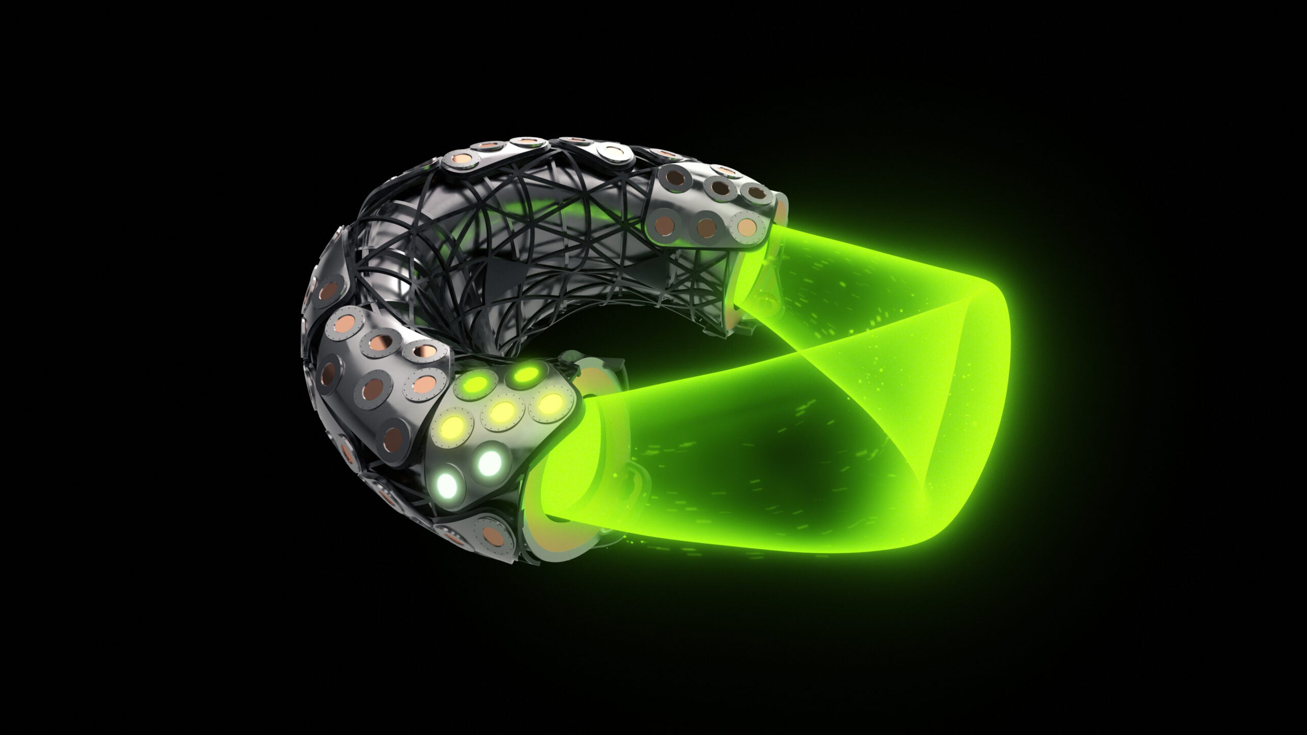 Rendering of Thea Energy's planar-coil stellarator architecture surrounding green plasma