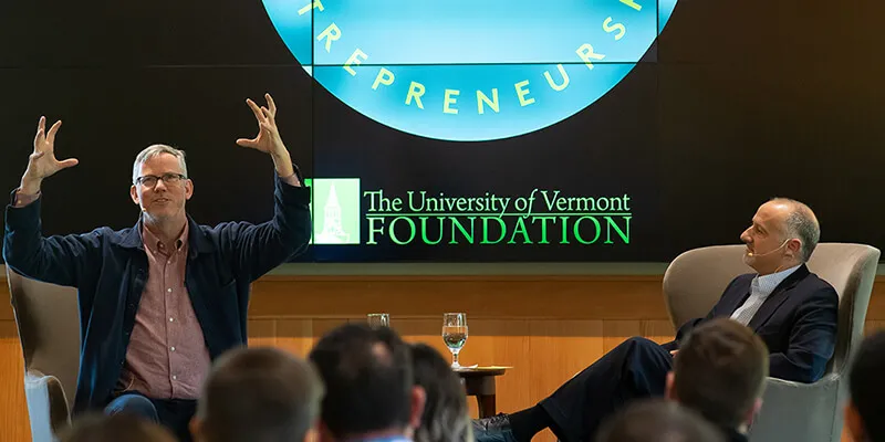 Brian Halligan in an onstage conversation with University of Vermont provost David Rosowsky