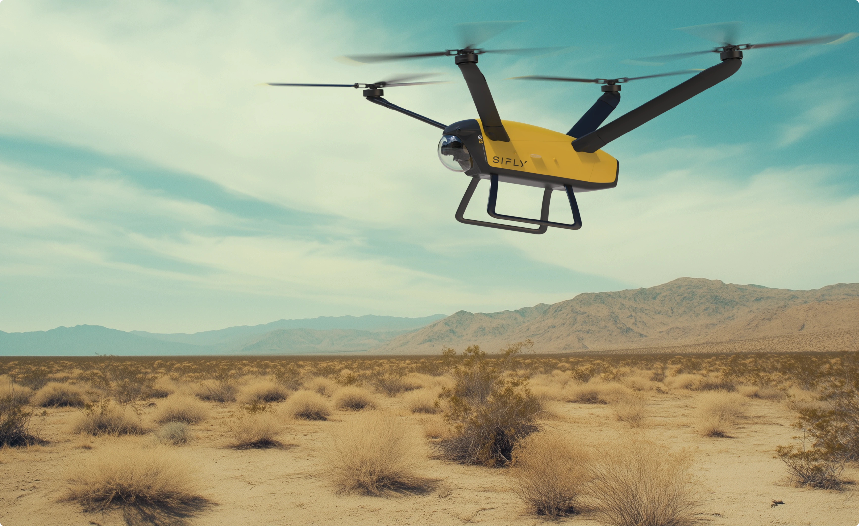 Yellow SiFly drone in flight above dry open land with mountains in the distance
