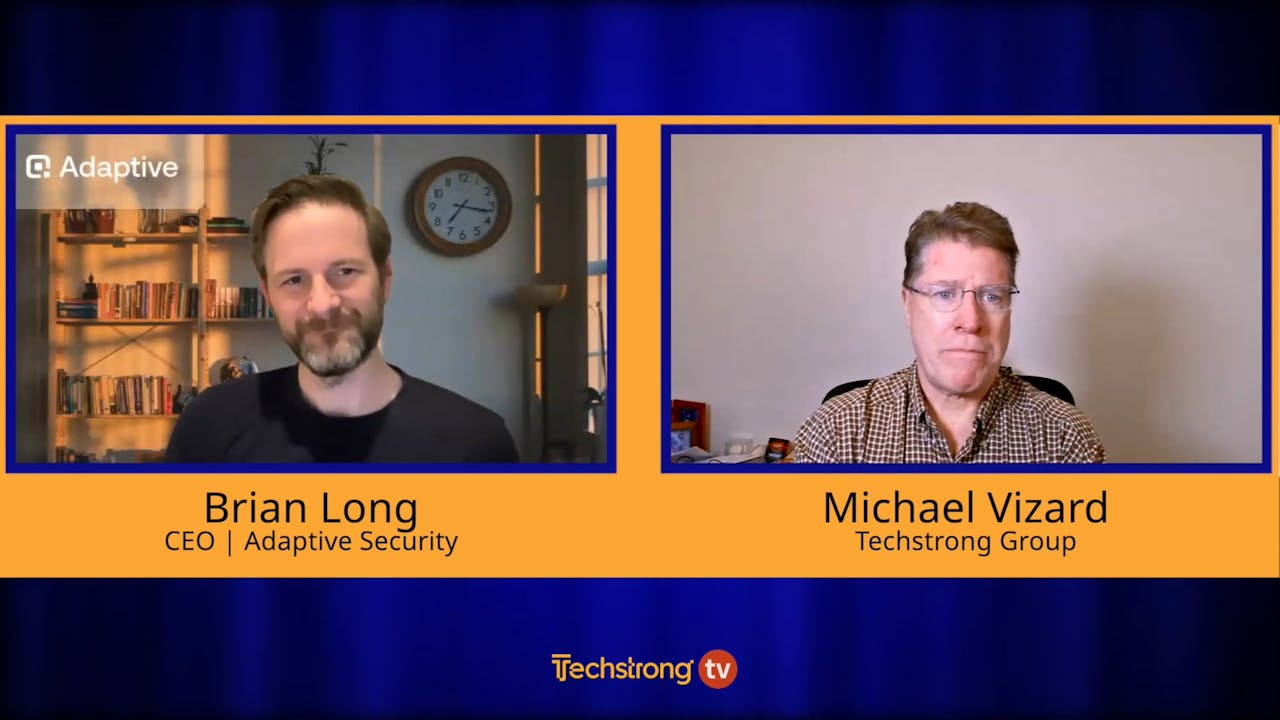 Brian Long speaking with Michael Vizard in a Techstrong TV interview about deepfake cybersecurity challenges