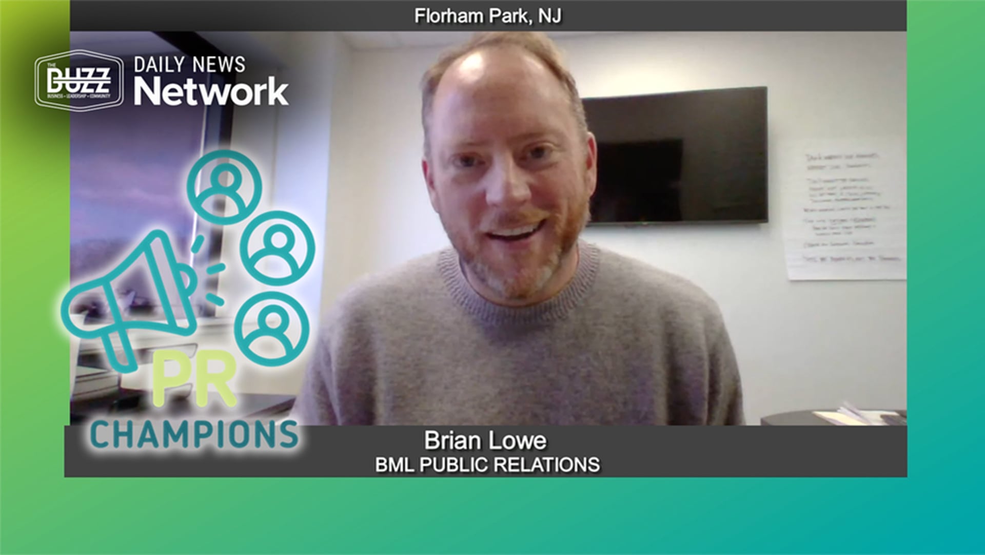 Brian Lowe speaking from Florham Park during his PR Champions video interview.