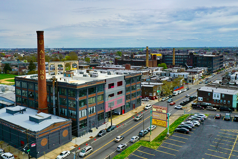 Aerial view of MaKen Studios' industrial buildings and the surrounding Philadelphia neighborhood