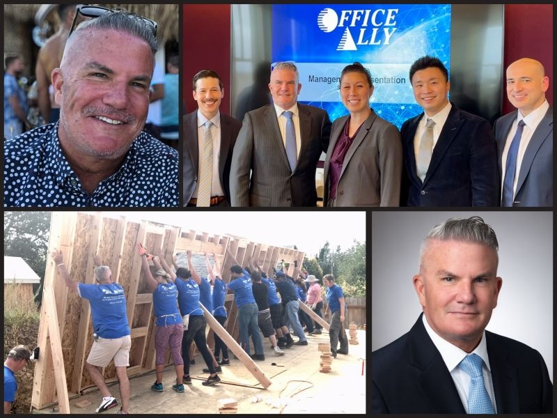 Office Ally’s tribute collage showing Brian O’Neill, colleagues and people raising a wall at a community building project