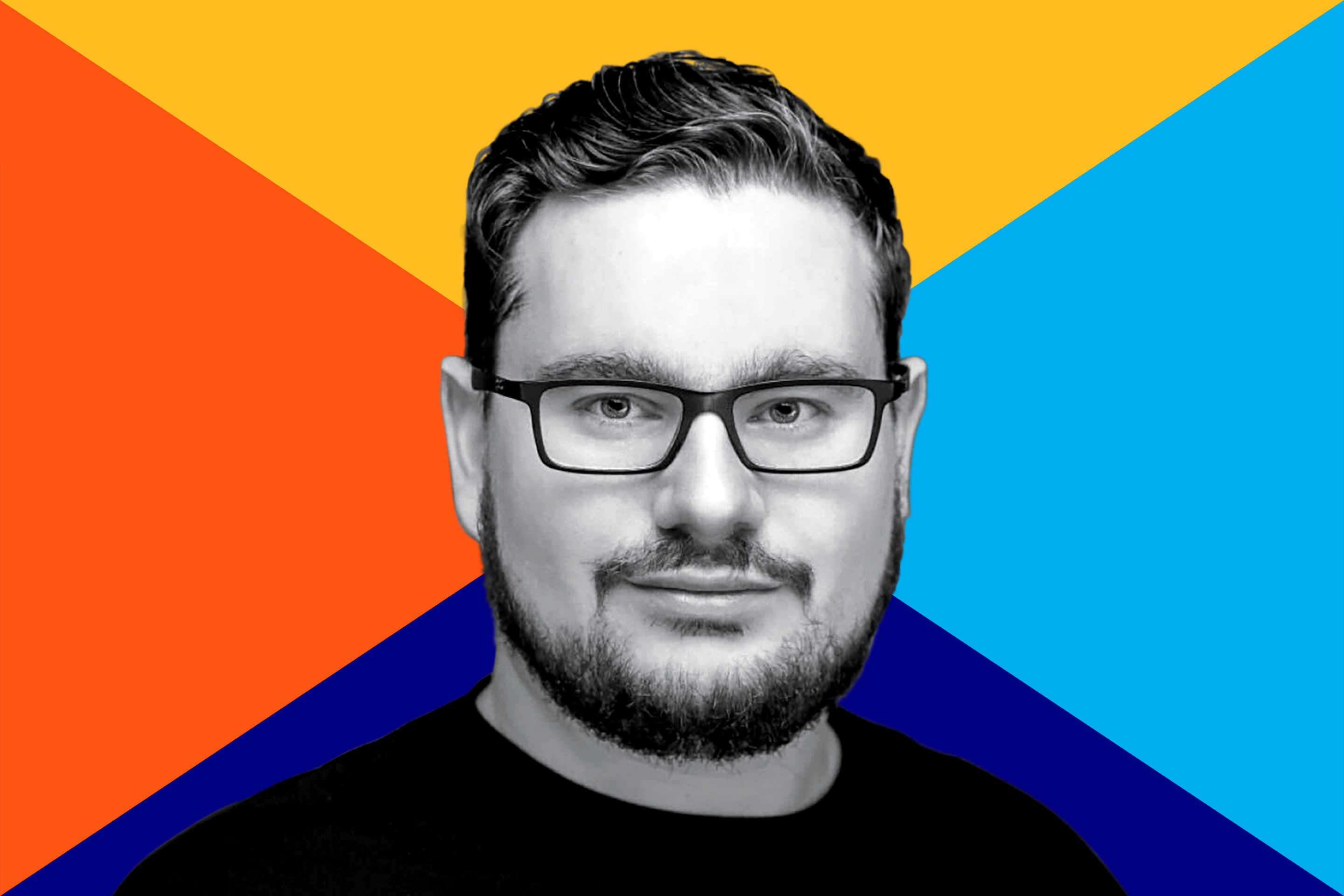 Brian Vallelunga in a black-and-white Doppler press portrait against orange, yellow and blue geometric panels