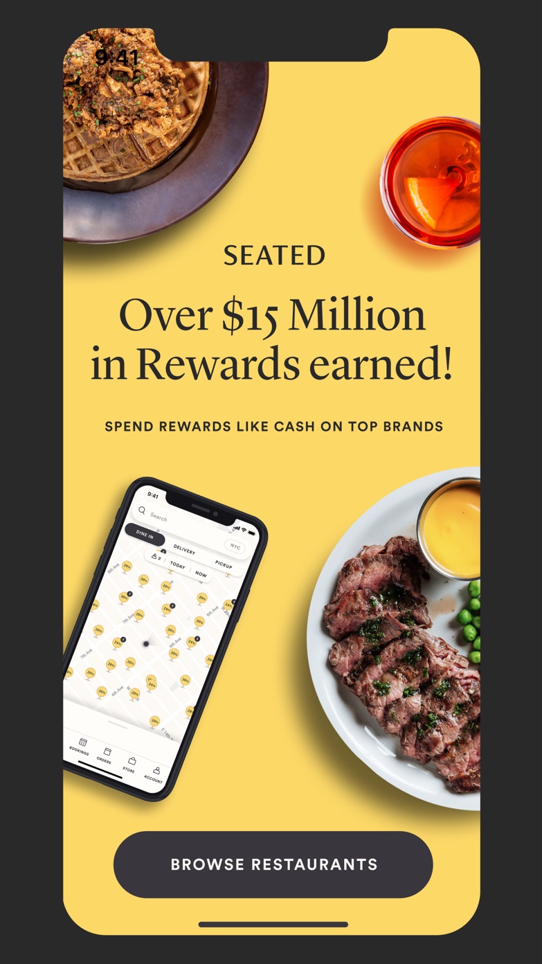 Seated app campaign showing a restaurant map and a milestone of more than 15 million dollars in rewards earned