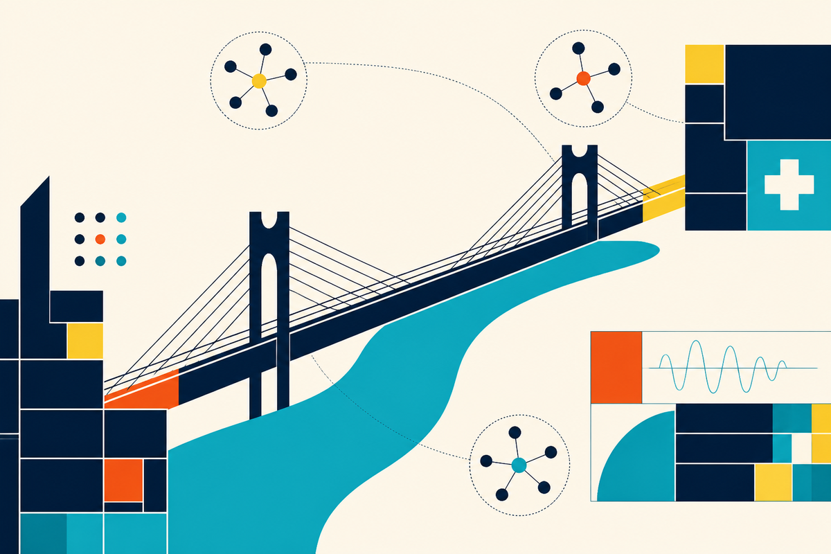 Abstract Swiss-style bridge connecting modular software systems and distributed team nodes