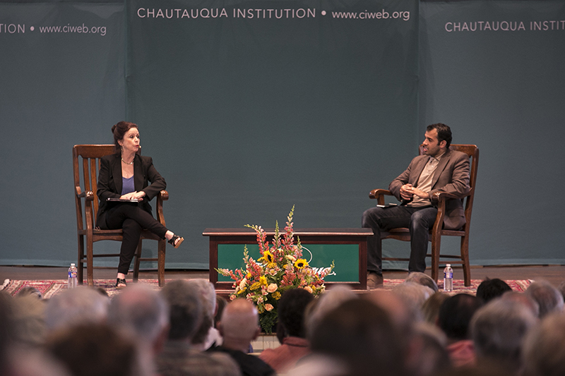 Robin Wright, left, and Jawad Nabulsi, right, in conversation on stage at Chautauqua in 2015