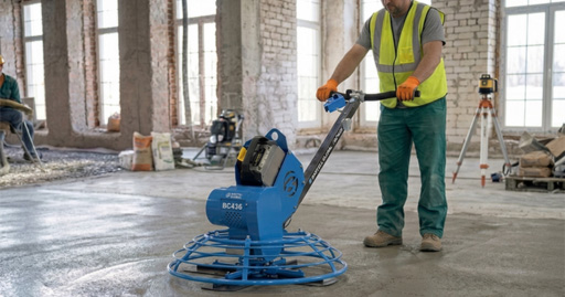 A worker operates a blue Bartell BC436 battery-powered concrete finishing trowel.