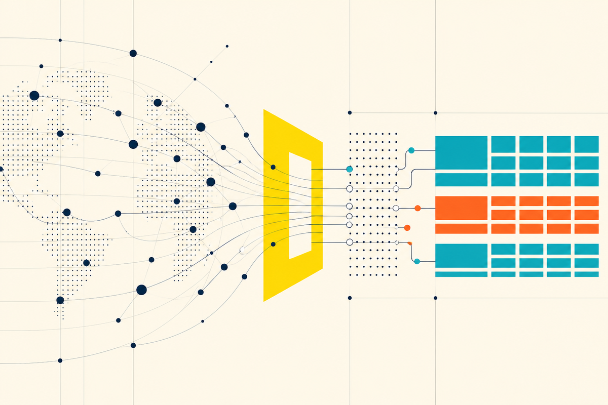 Abstract network lines pass through a yellow gateway and become orderly teal and orange data blocks