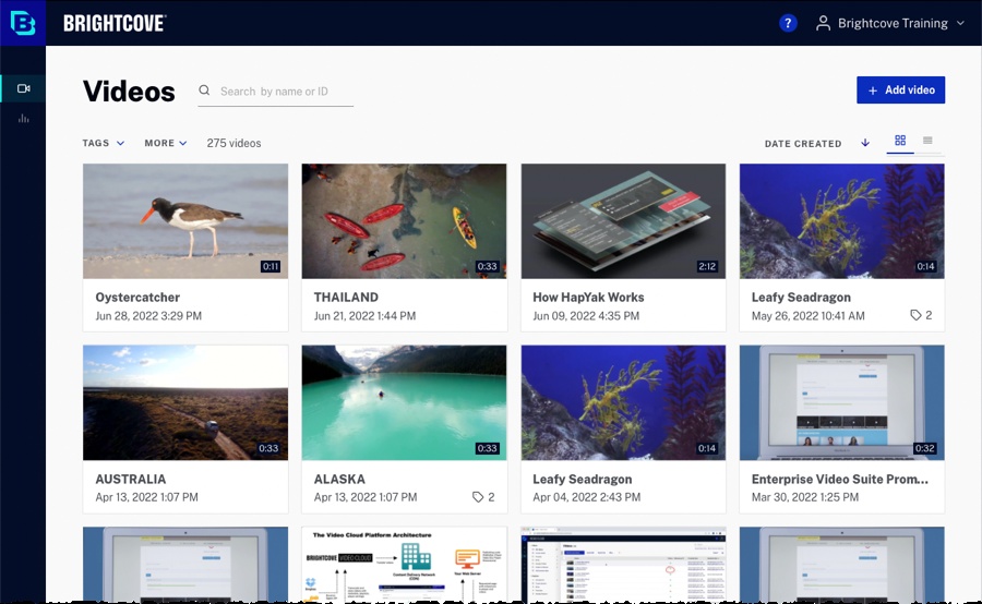 Brightcove Marketing Studio interface showing a searchable video library and navigation
