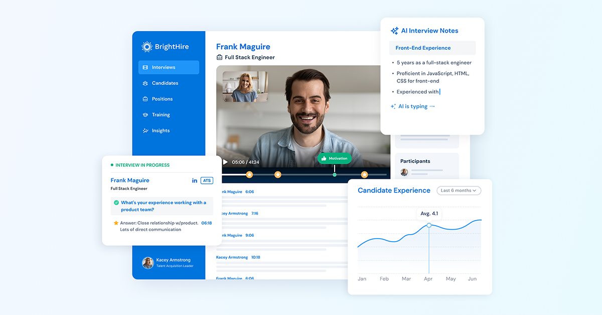 BrightHire product interface showing a recorded interview, AI notes, interview guide and candidate experience chart