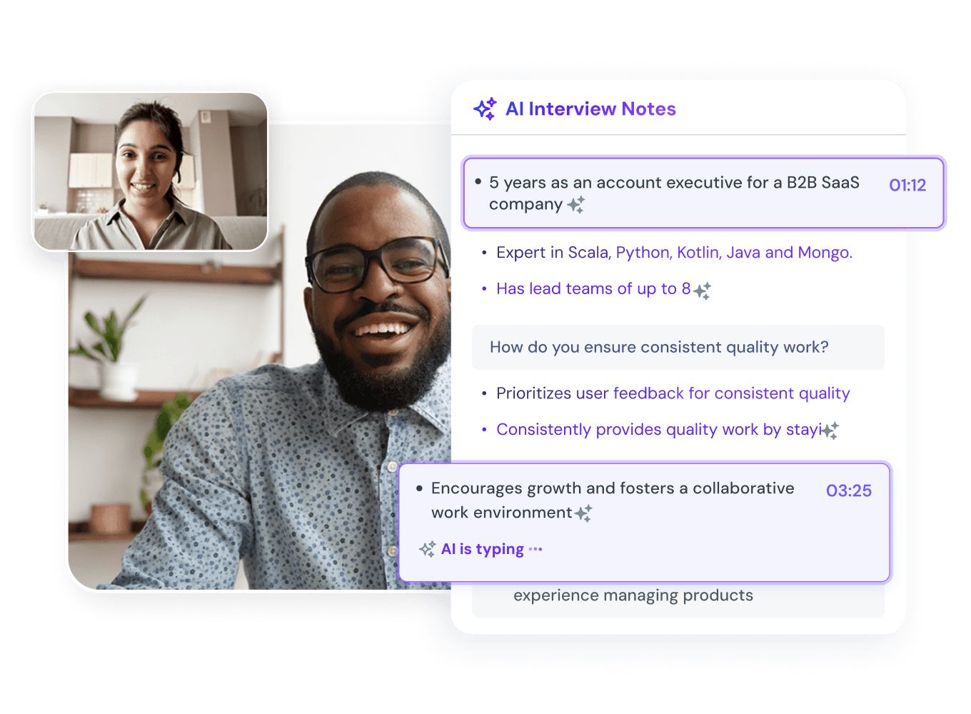 BrightHire AI interview notes appearing beside a video interview