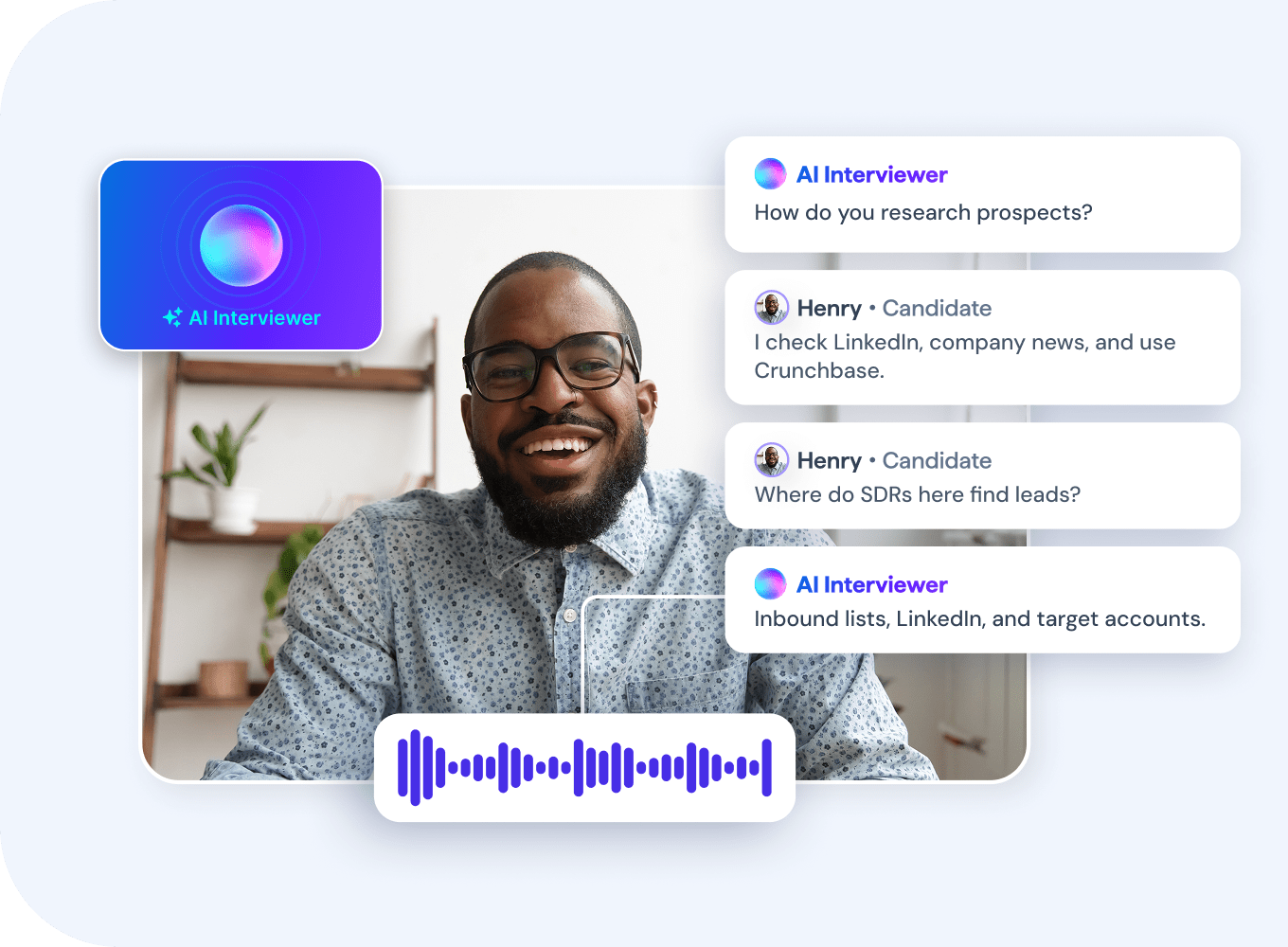 BrightHire Screen interface depicting a candidate speaking with an AI interviewer