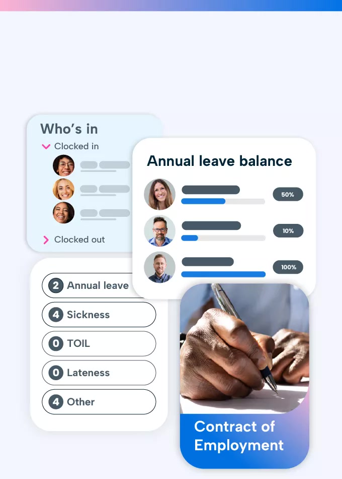 BrightHR product collage showing clock-in status, annual leave balances, absence totals and an employment contract