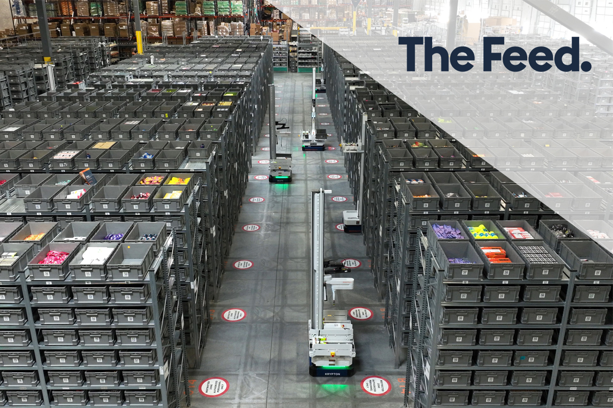 Brightpick mobile robots between rows of storage totes at The Feed