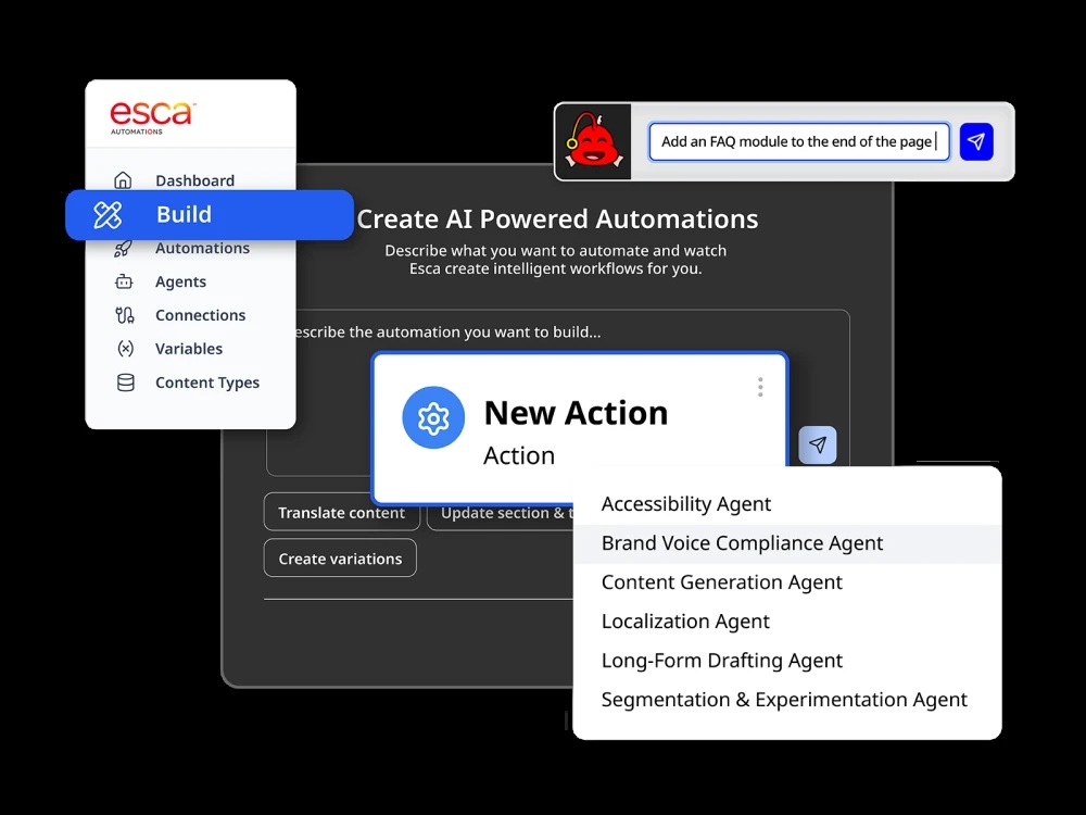 Esca Automations interface with a prompt field and prebuilt agent options