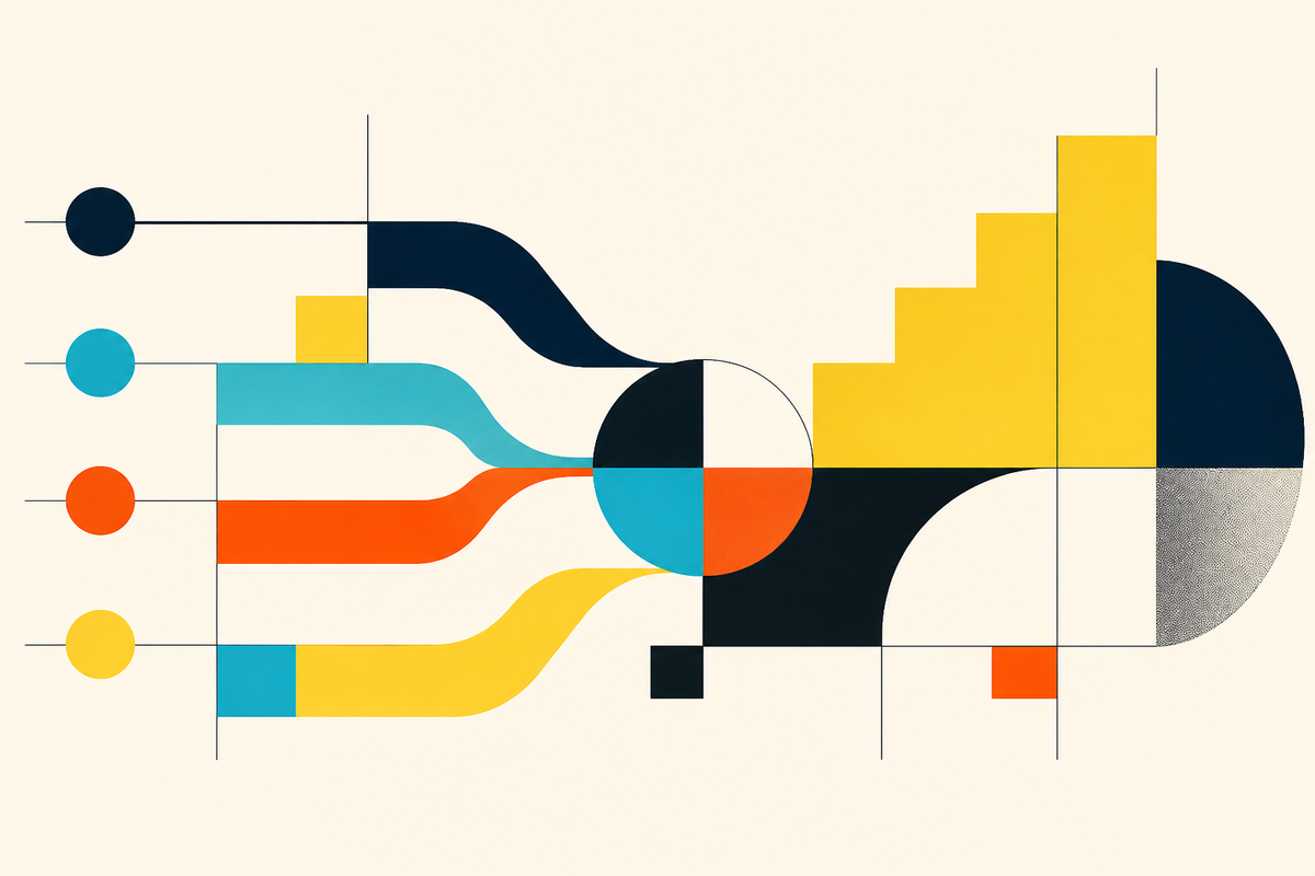 Abstract Swiss-style composition of four colored paths converging into a structured growth system