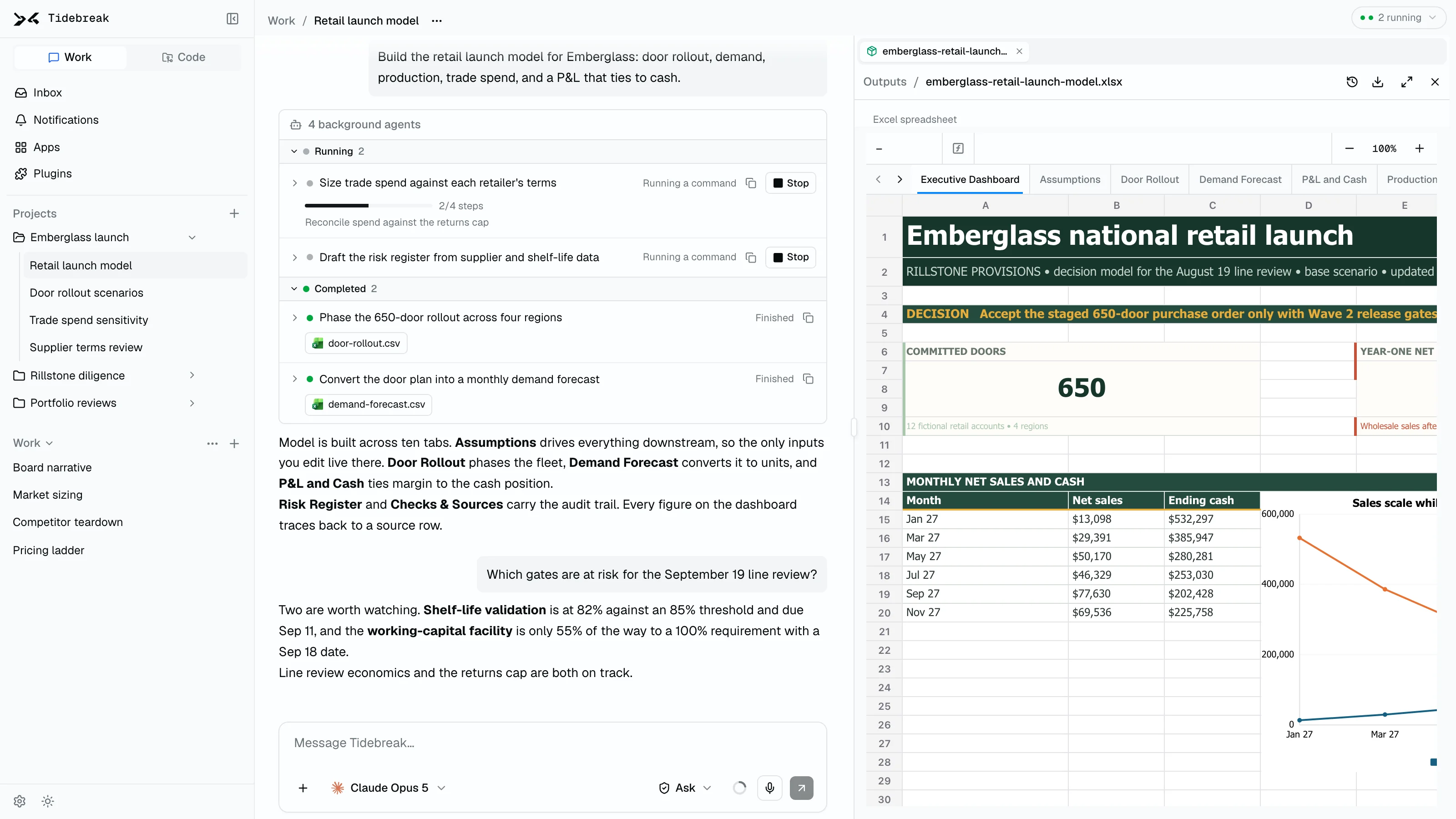 Tidebreak Work mode showing research agents and a spreadsheet deliverable