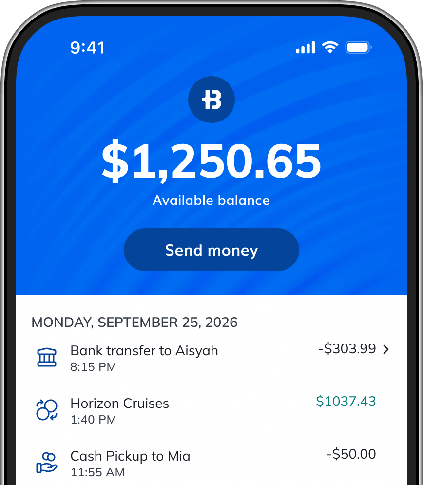 Company-supplied mockup of the Brightwell Navigator app with a balance and recent transactions