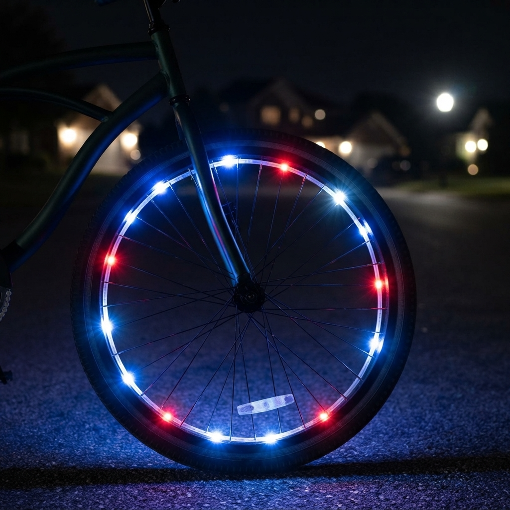 WheelBrightz LED bike wheel lights in a red, white and blue patriotic pattern