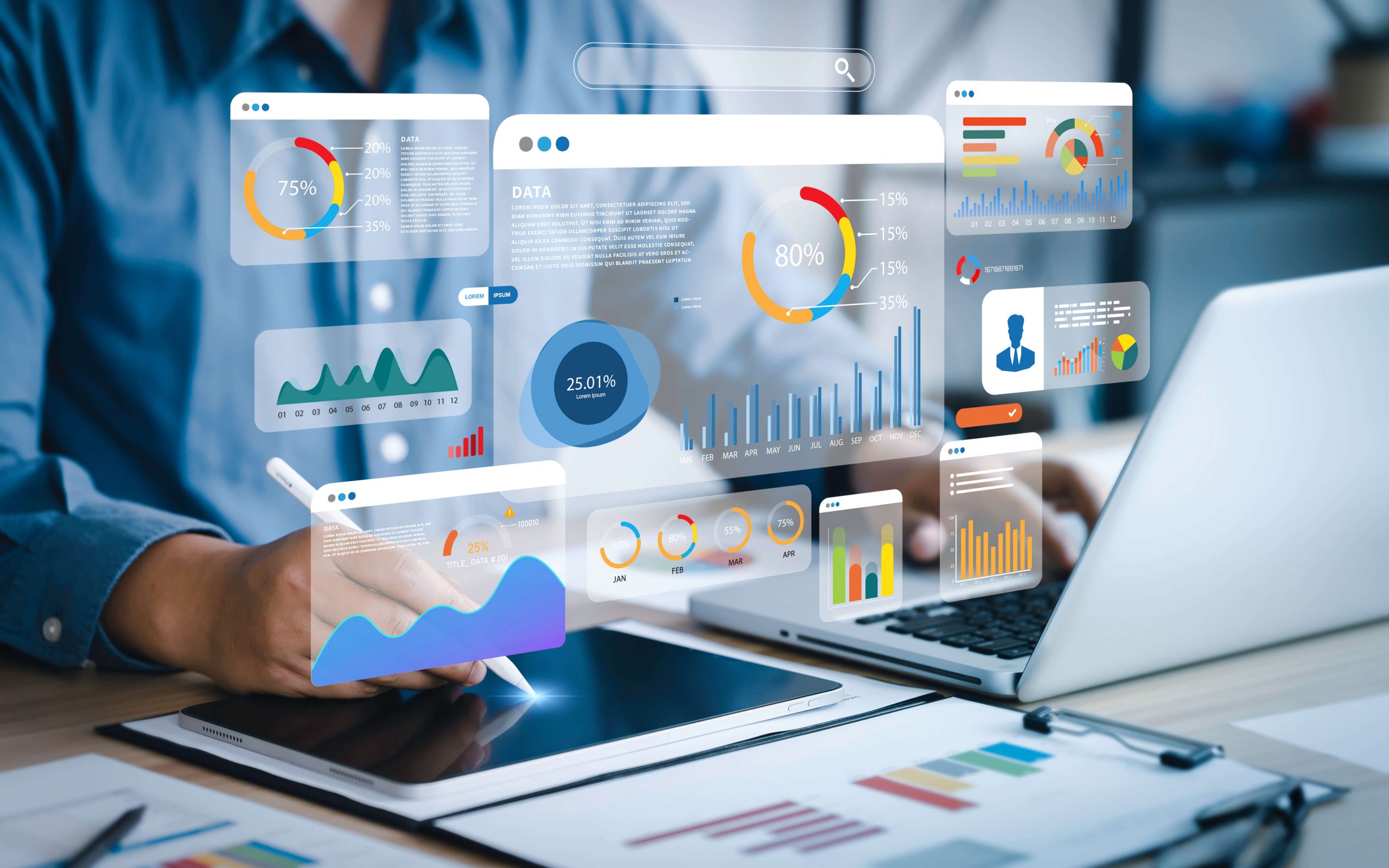 Promotional illustration of floating analytics charts over a person working at a laptop
