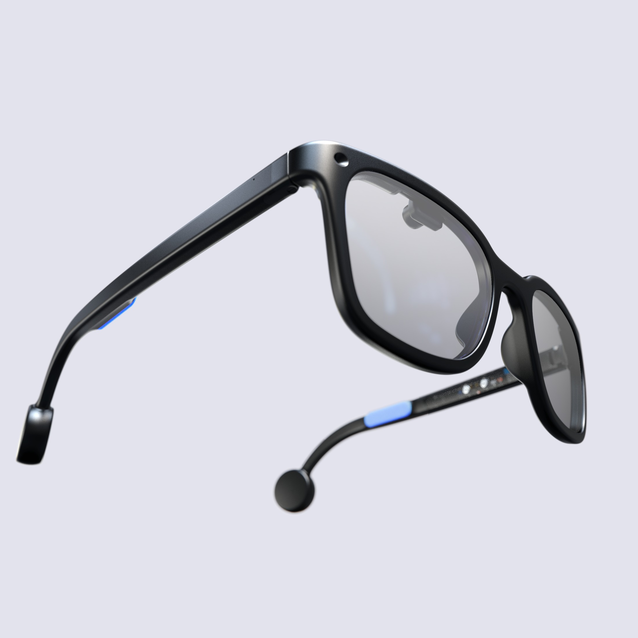 Close product rendering of Brilliant Labs Halo smart glasses showing the camera, lens optic and bone-conduction speaker