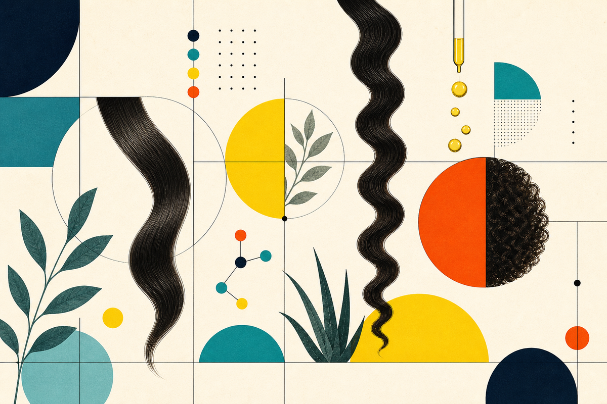 Abstract Swiss-style composition of varied hair strands, botanical leaves, oil droplets and laboratory geometry