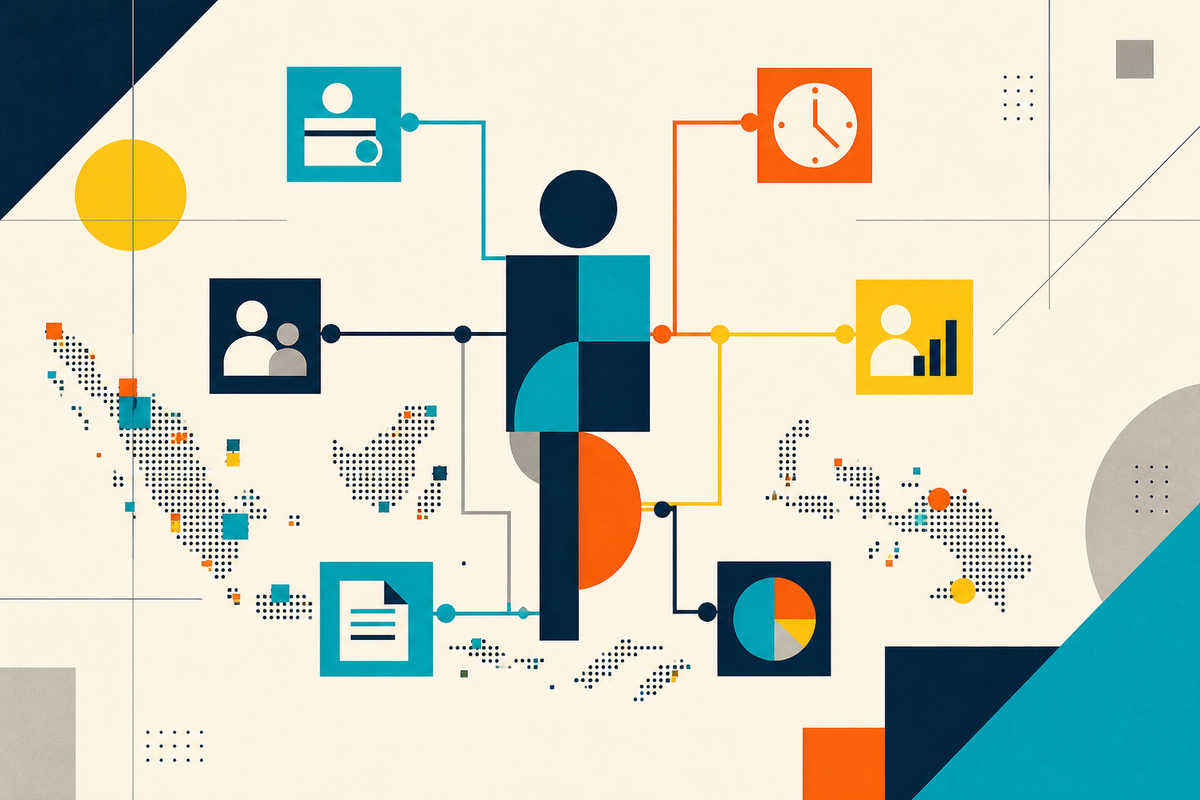 Abstract Swiss-style illustration of connected HR modules across Southeast Asia