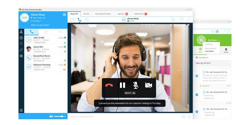 Historical UC-One interface showing contacts, a video call and a shared room.