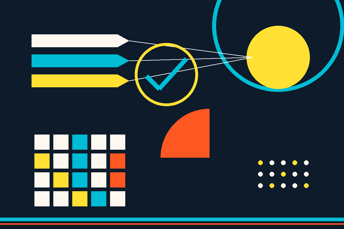 Swiss-style graphic of insurance forms flowing into a completed digital submission